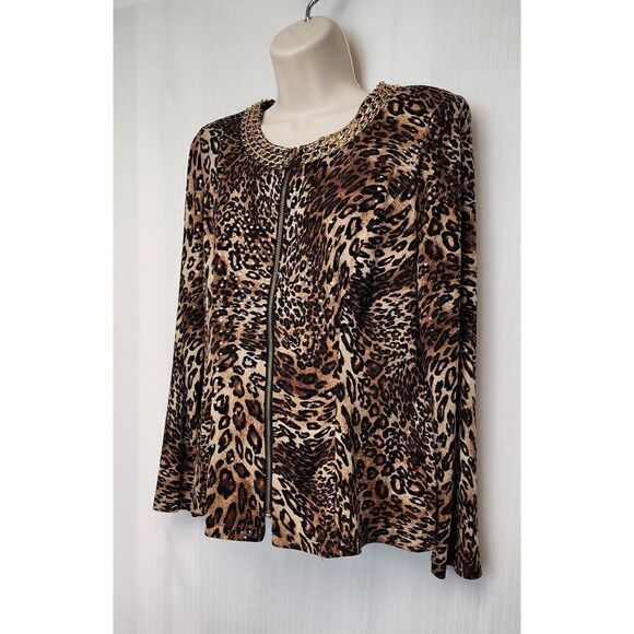 MSK Women's Full Zipper Animal Print Long Sleeve Blouse Size M Color Brown/Black - Picture 7 of 10